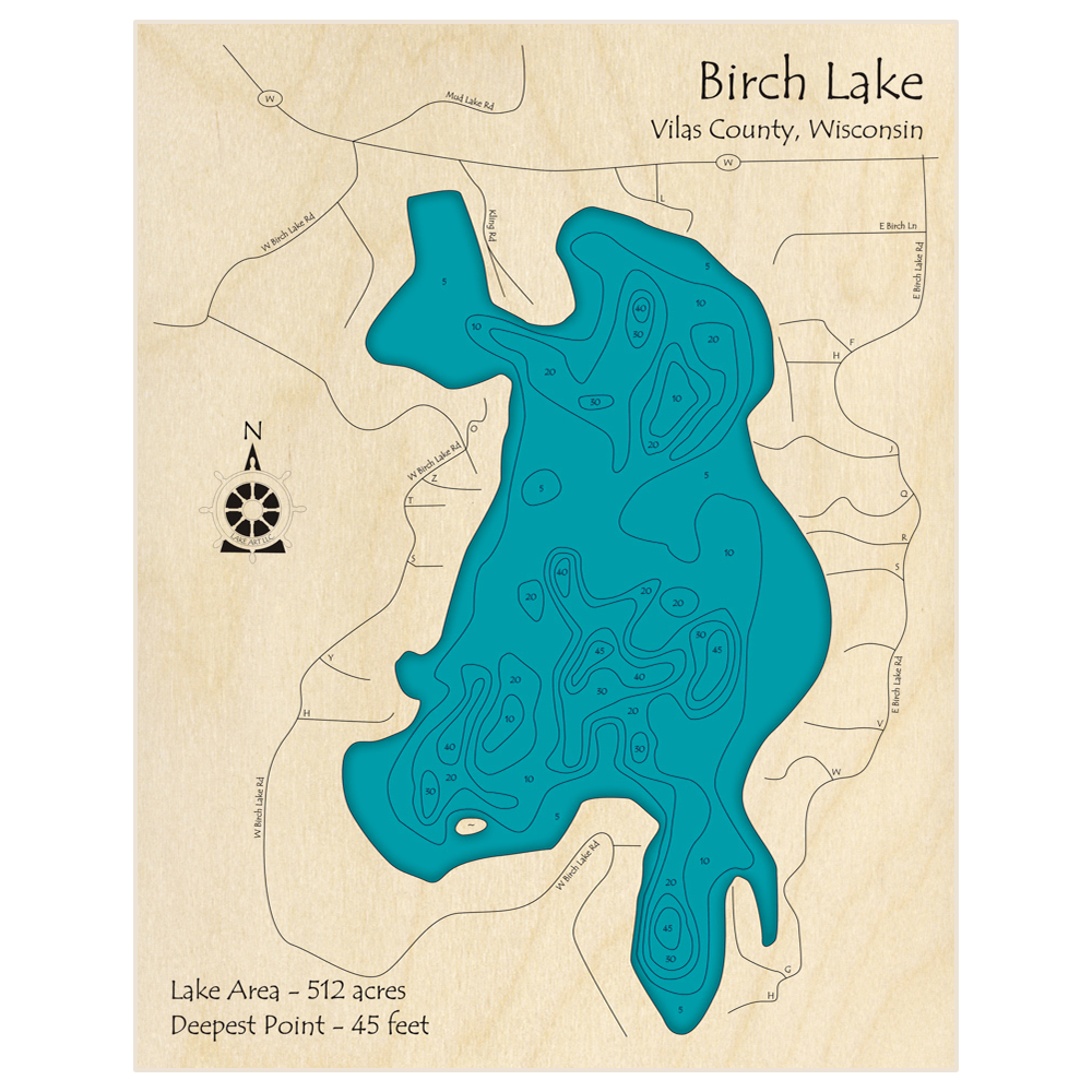 Bathymetric topo map of Birch Lake with roads, towns and depths noted in blue water