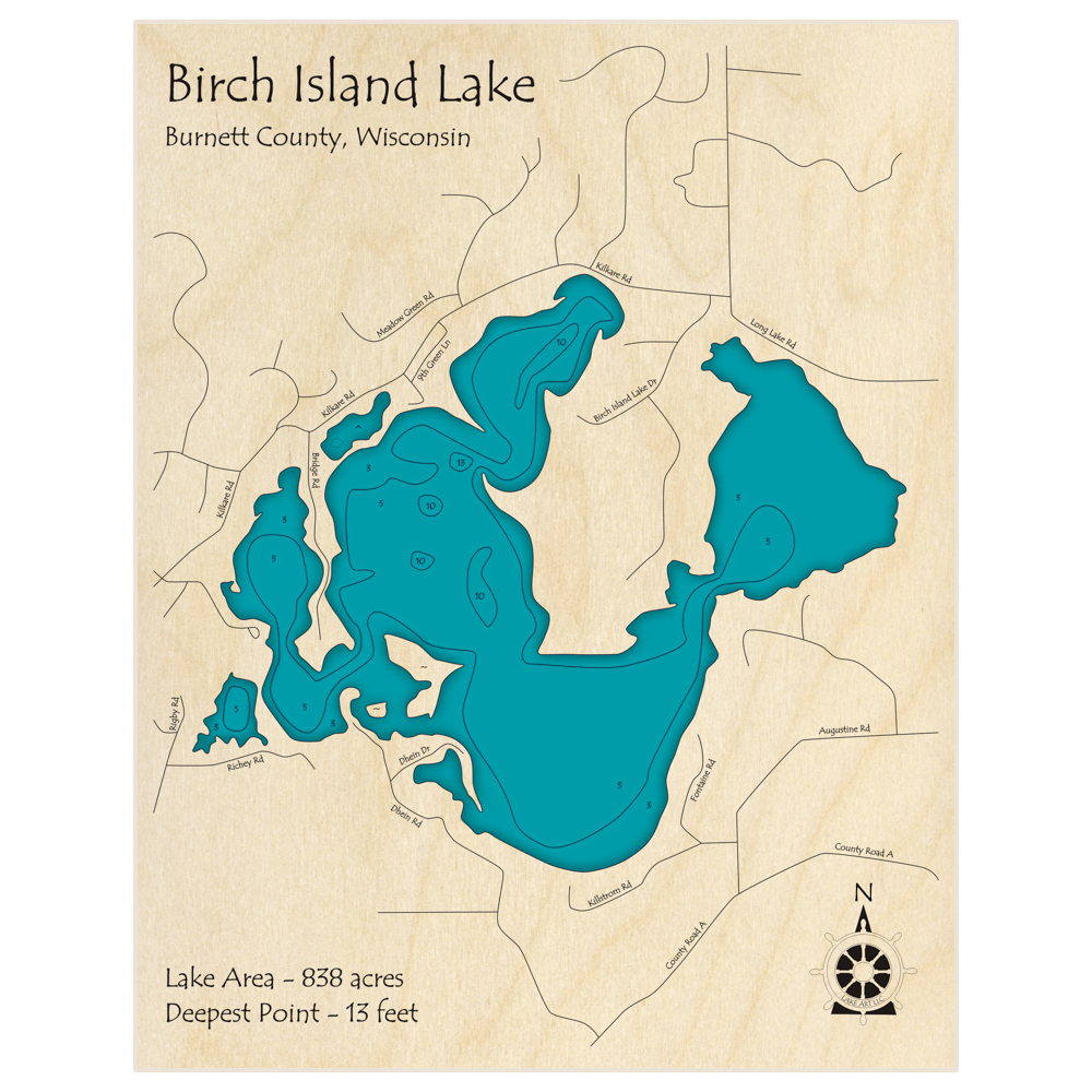 Bathymetric topo map of Birch Island Lake with roads, towns and depths noted in blue water