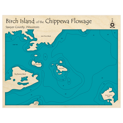 Bathymetric topo map of Birch Island of the Chippewa Flowage with roads, towns and depths noted in blue water