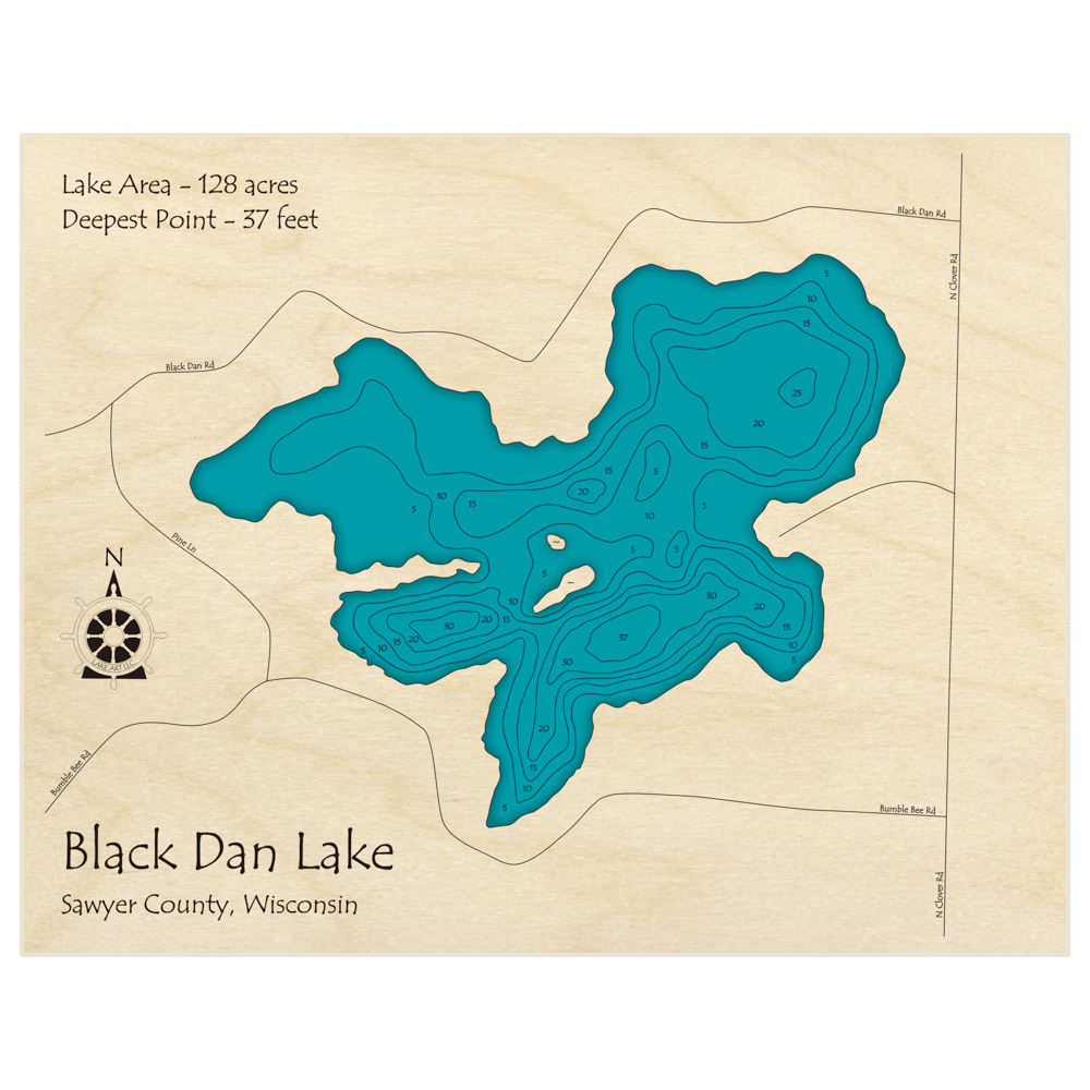 Bathymetric topo map of Black Dan Lake with roads, towns and depths noted in blue water