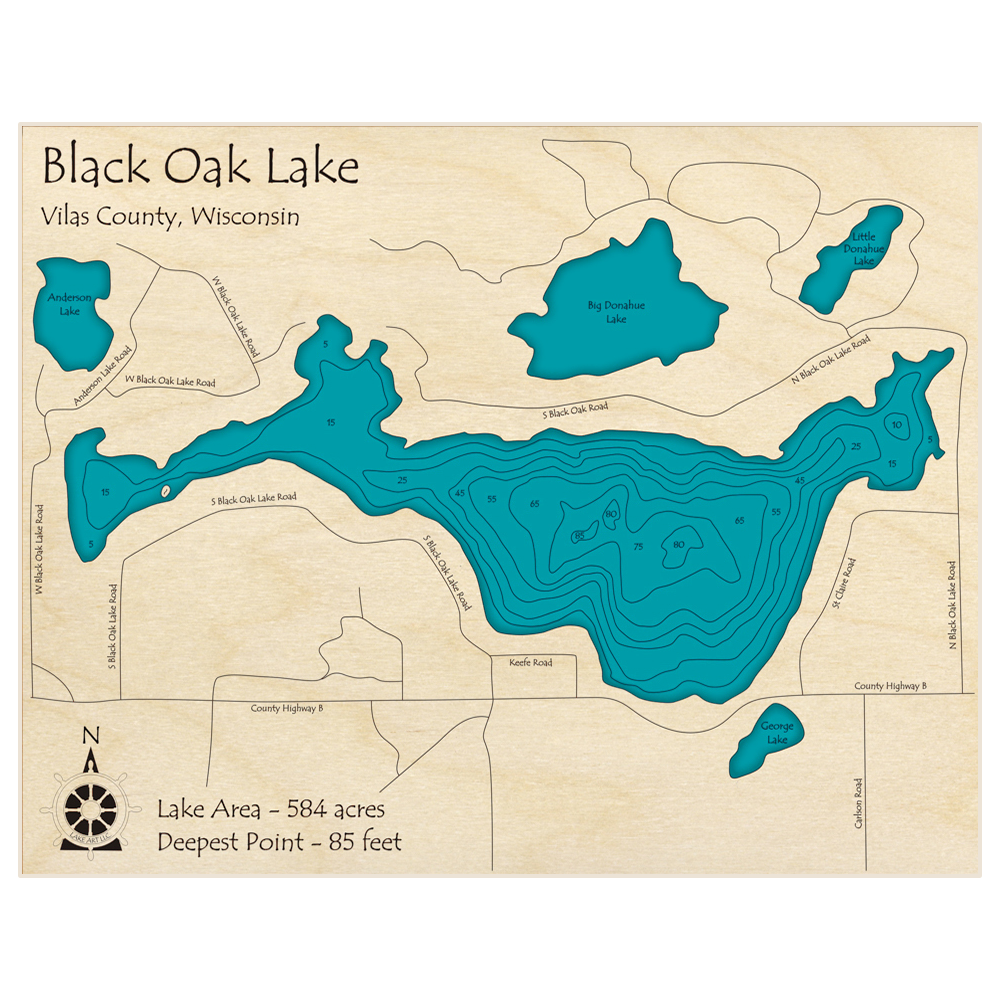 Bathymetric topo map of Black Oak Lake with roads, towns and depths noted in blue water