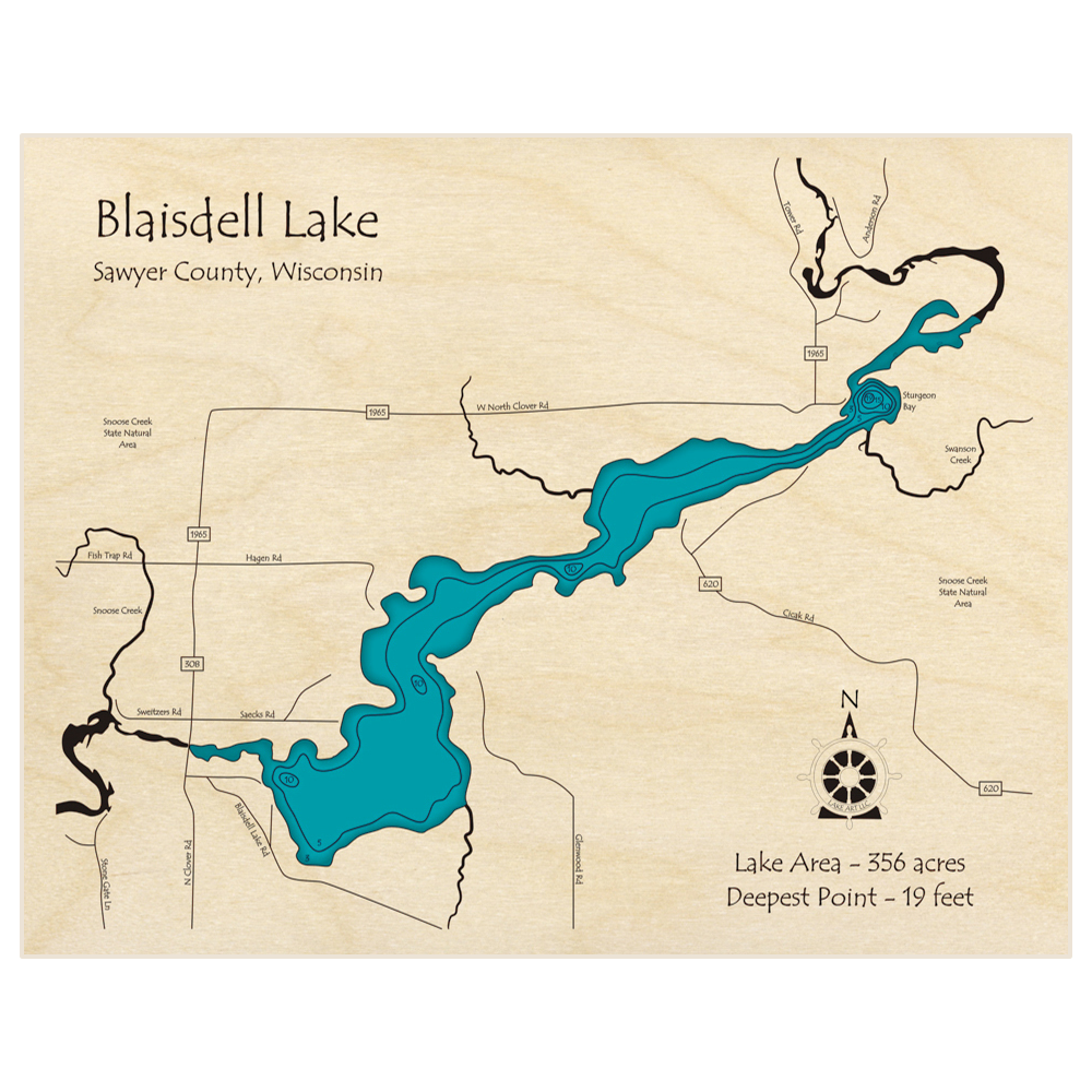Bathymetric topo map of Blaisdell Lake with roads, towns and depths noted in blue water