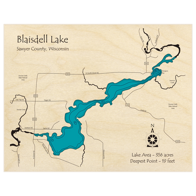 Bathymetric topo map of Blaisdell Lake with roads, towns and depths noted in blue water