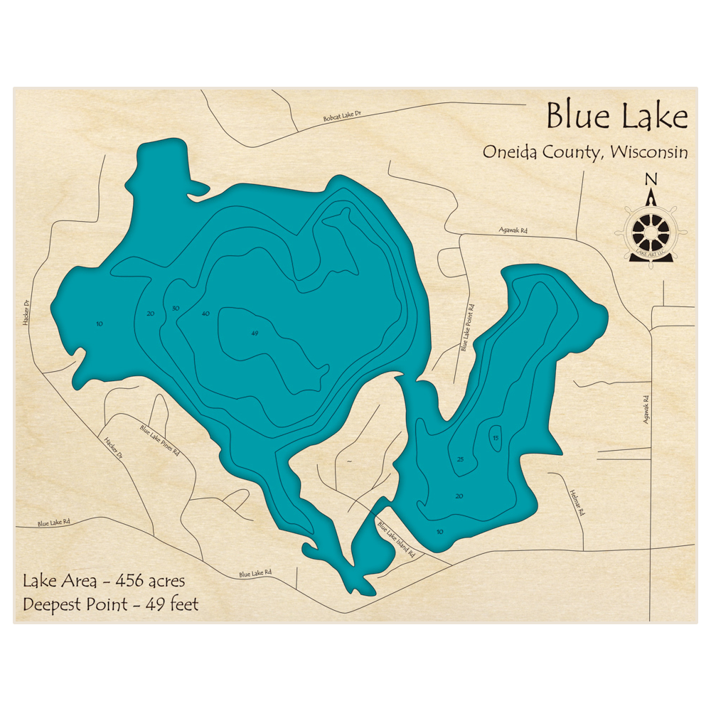 Bathymetric topo map of Blue Lake with roads, towns and depths noted in blue water