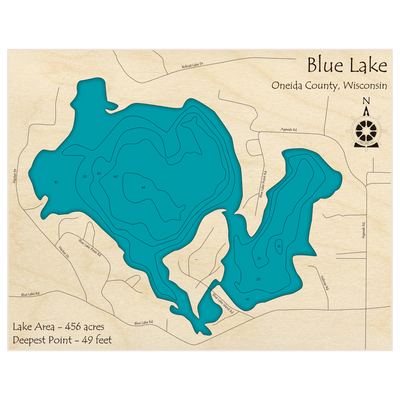 Bathymetric topo map of Blue Lake with roads, towns and depths noted in blue water