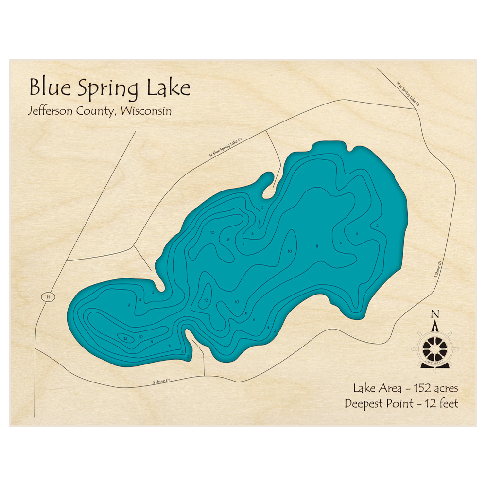 Bathymetric topo map of Blue Spring Lake with roads, towns and depths noted in blue water