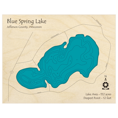 Bathymetric topo map of Blue Spring Lake with roads, towns and depths noted in blue water