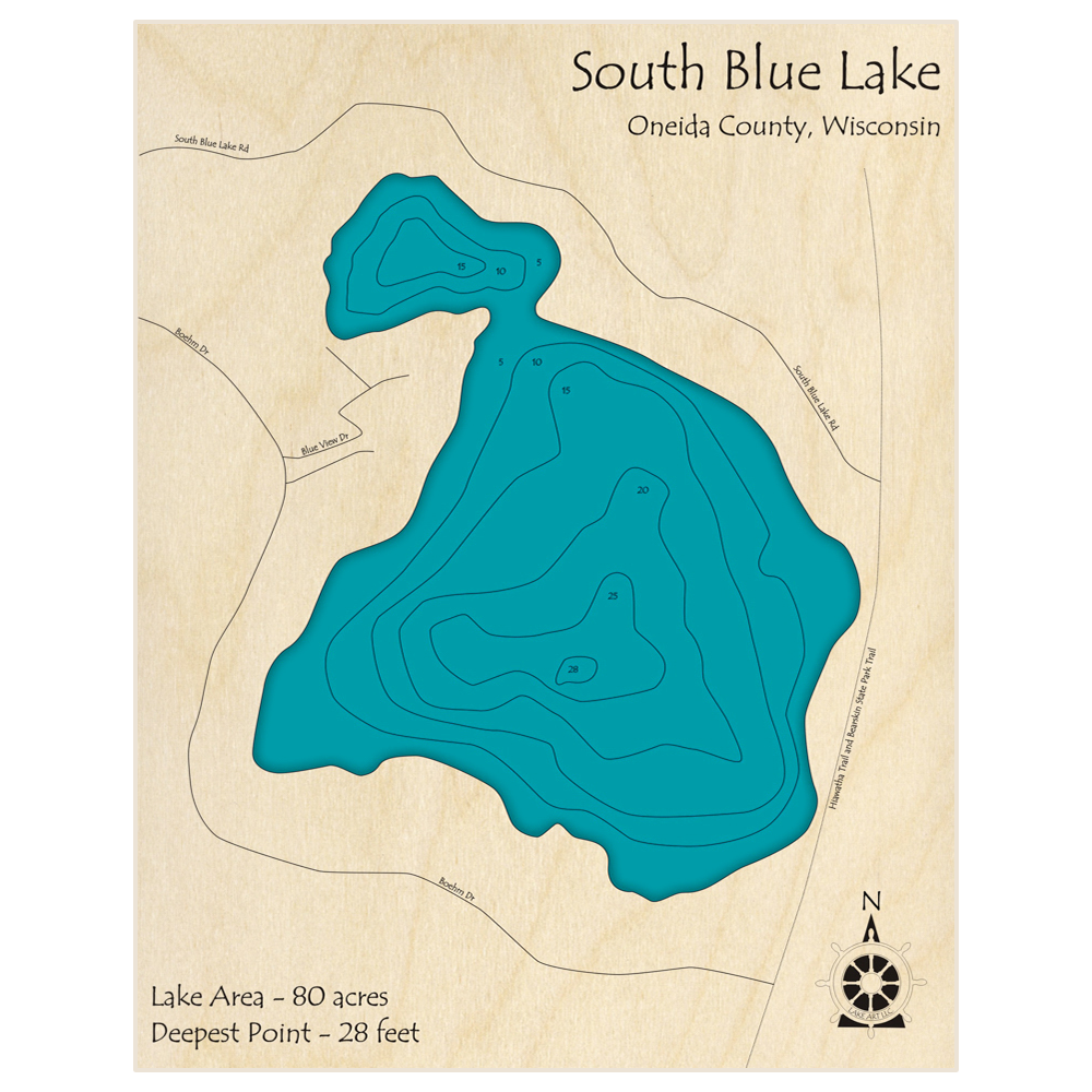 Bathymetric topo map of South Blue Lake with roads, towns and depths noted in blue water