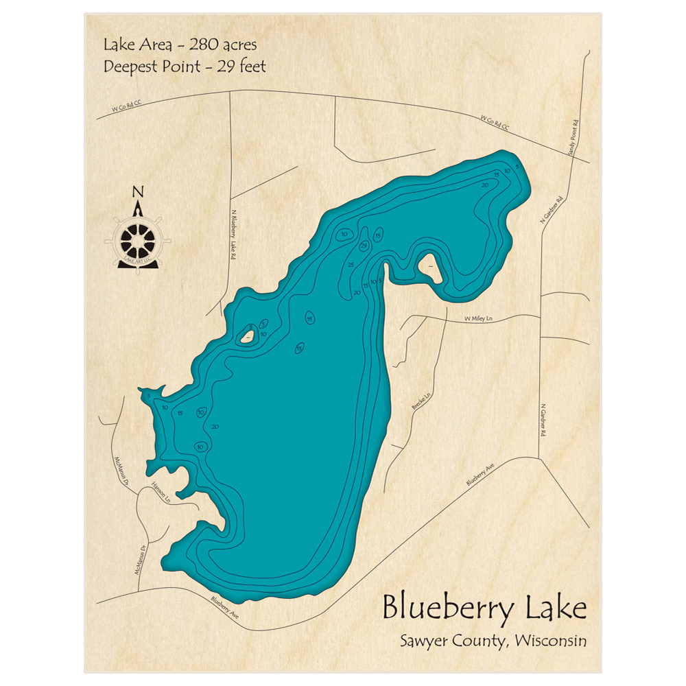 Bathymetric topo map of Blueberry Lake with roads, towns and depths noted in blue water