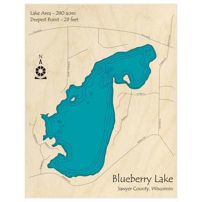 Bathymetric topo map of Blueberry Lake with roads, towns and depths noted in blue water