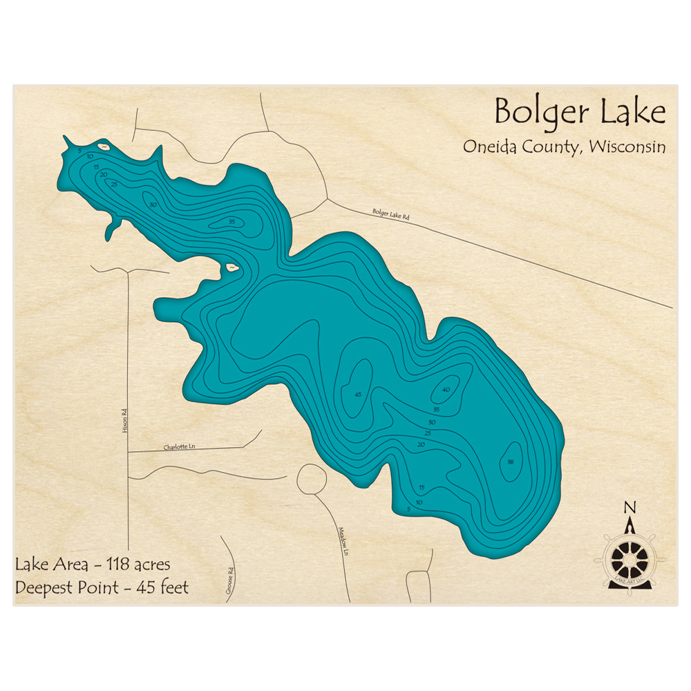 Bathymetric topo map of Bolger Lake with roads, towns and depths noted in blue water