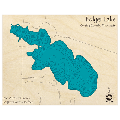 Bathymetric topo map of Bolger Lake with roads, towns and depths noted in blue water