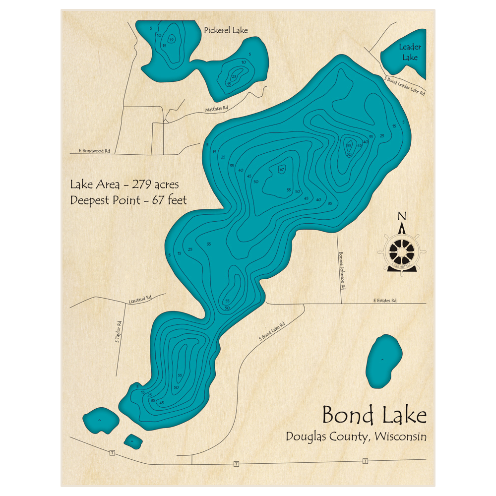 Bathymetric topo map of Bond Lake with a part of Pickerel Lake with roads, towns and depths noted in blue water