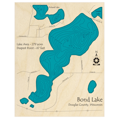 Bathymetric topo map of Bond Lake with a part of Pickerel Lake with roads, towns and depths noted in blue water