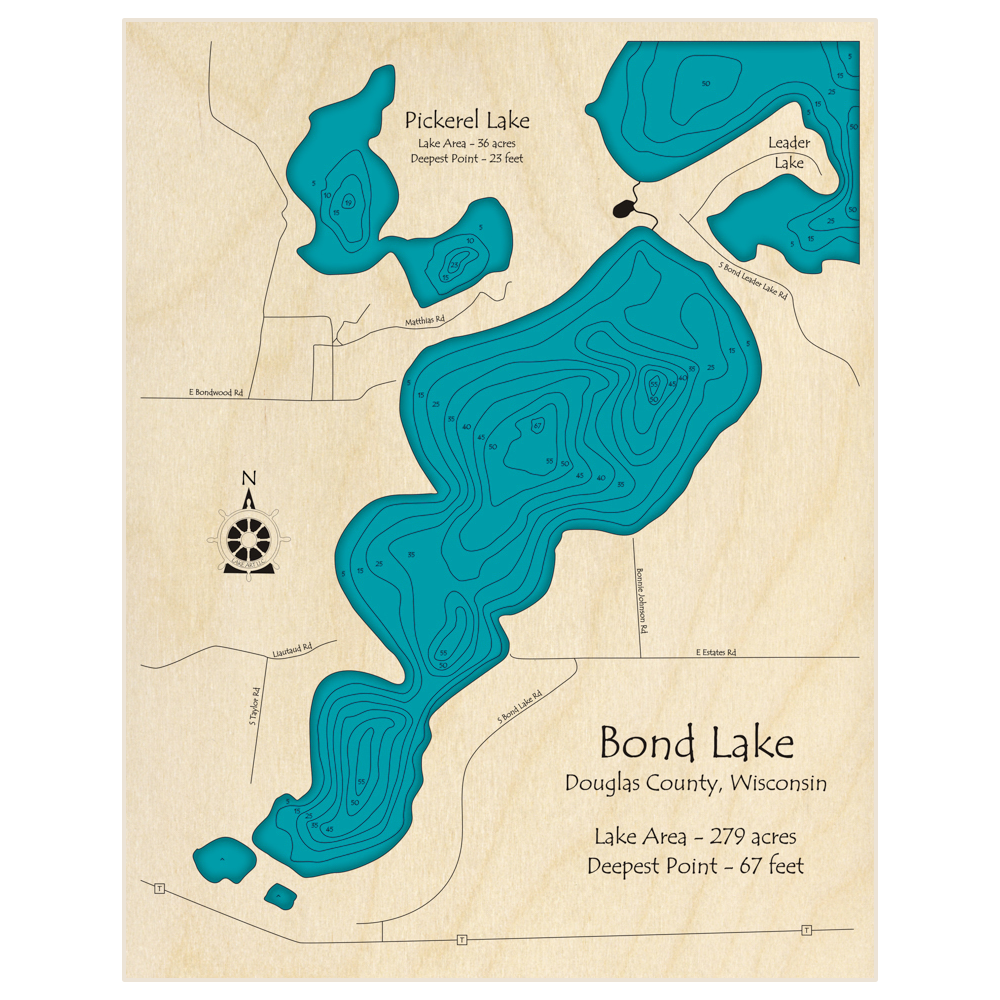 Bathymetric topo map of Bond Lake and Pickerel Lake with roads, towns and depths noted in blue water