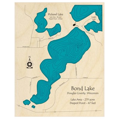 Bathymetric topo map of Bond Lake and Pickerel Lake with roads, towns and depths noted in blue water