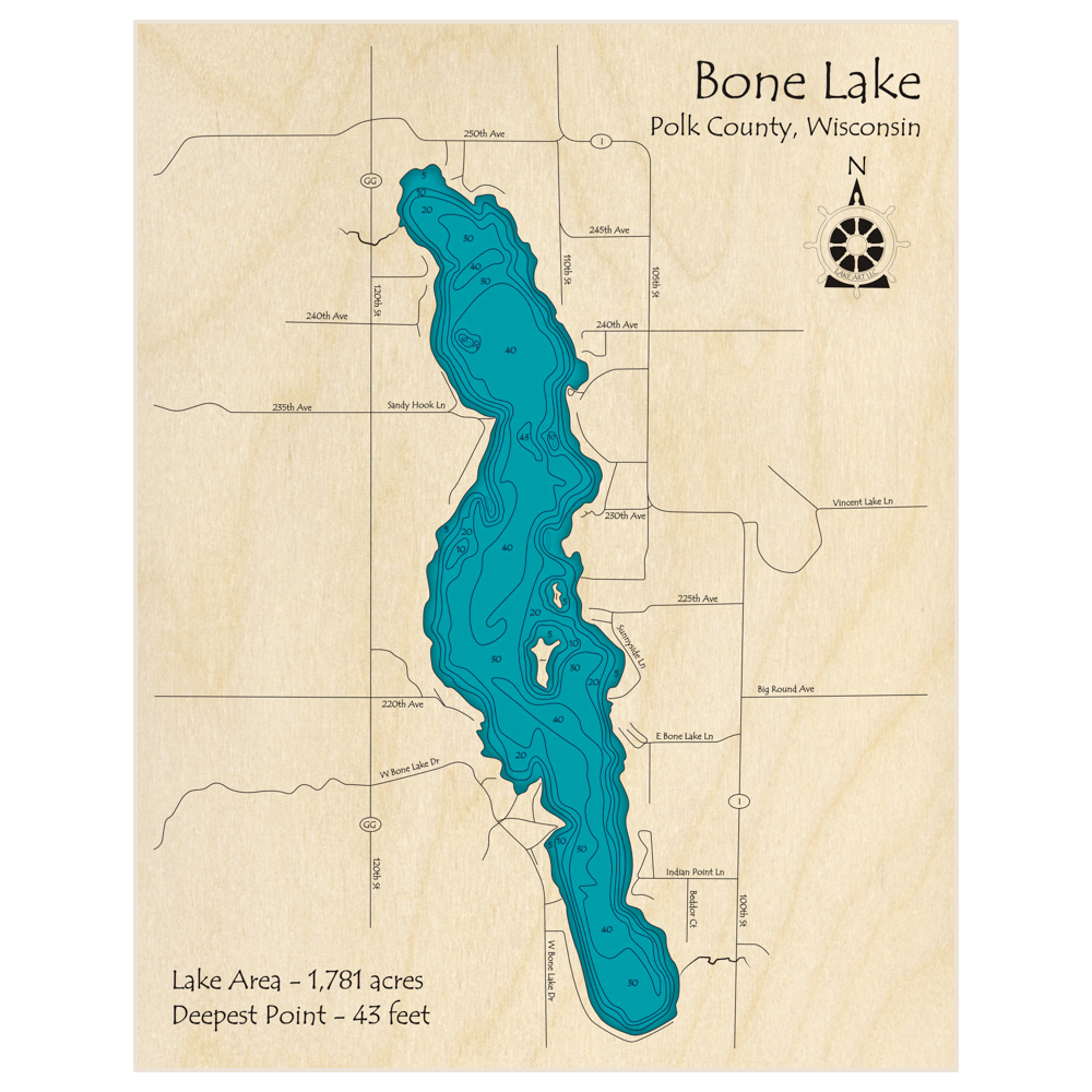 Bathymetric topo map of Bone Lake with roads, towns and depths noted in blue water