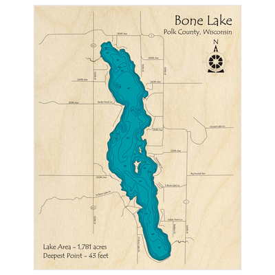 Bathymetric topo map of Bone Lake with roads, towns and depths noted in blue water