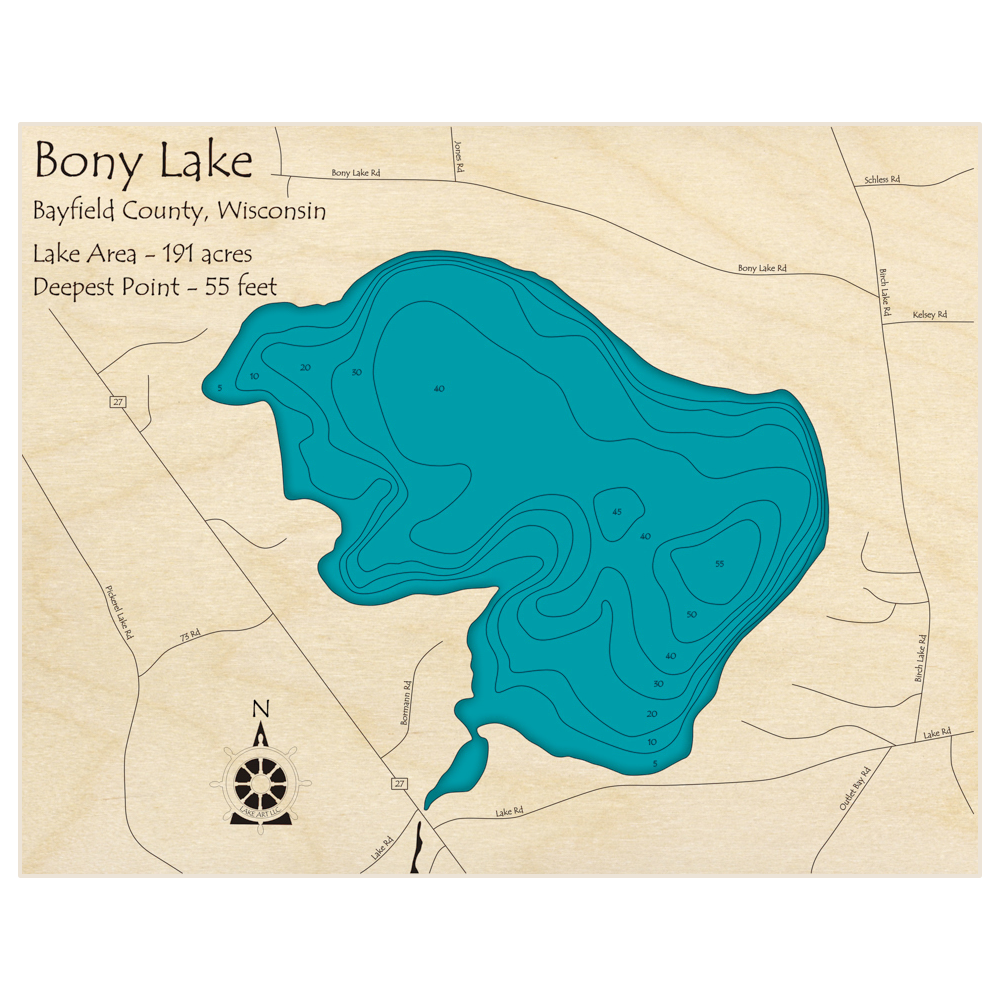 Bathymetric topo map of Bony Lake with roads, towns and depths noted in blue water