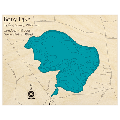 Bathymetric topo map of Bony Lake with roads, towns and depths noted in blue water