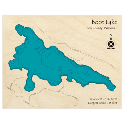 Bathymetric topo map of Boot Lake with roads, towns and depths noted in blue water