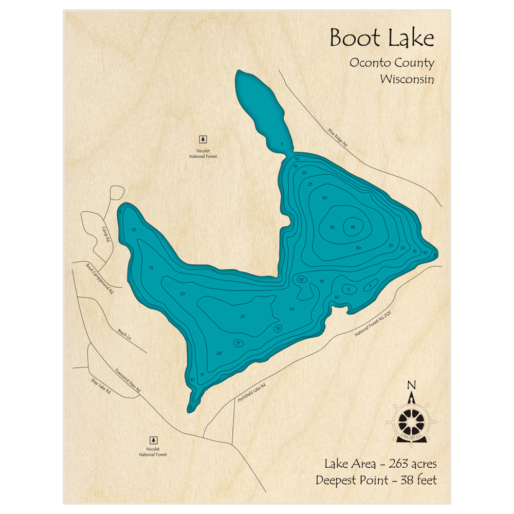 Bathymetric topo map of Boot Lake with roads, towns and depths noted in blue water