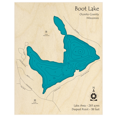 Bathymetric topo map of Boot Lake with roads, towns and depths noted in blue water
