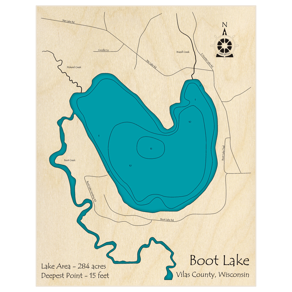 Bathymetric topo map of Boot Lake with roads, towns and depths noted in blue water
