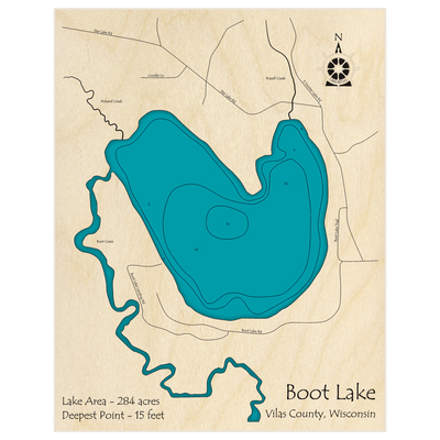 Bathymetric topo map of Boot Lake with roads, towns and depths noted in blue water