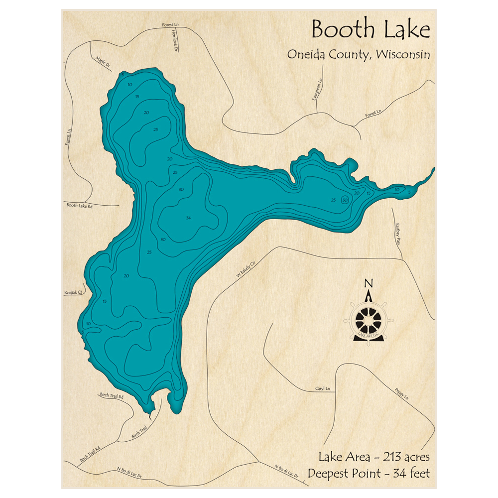 Bathymetric topo map of Booth Lake with roads, towns and depths noted in blue water