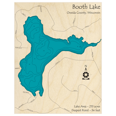 Bathymetric topo map of Booth Lake with roads, towns and depths noted in blue water