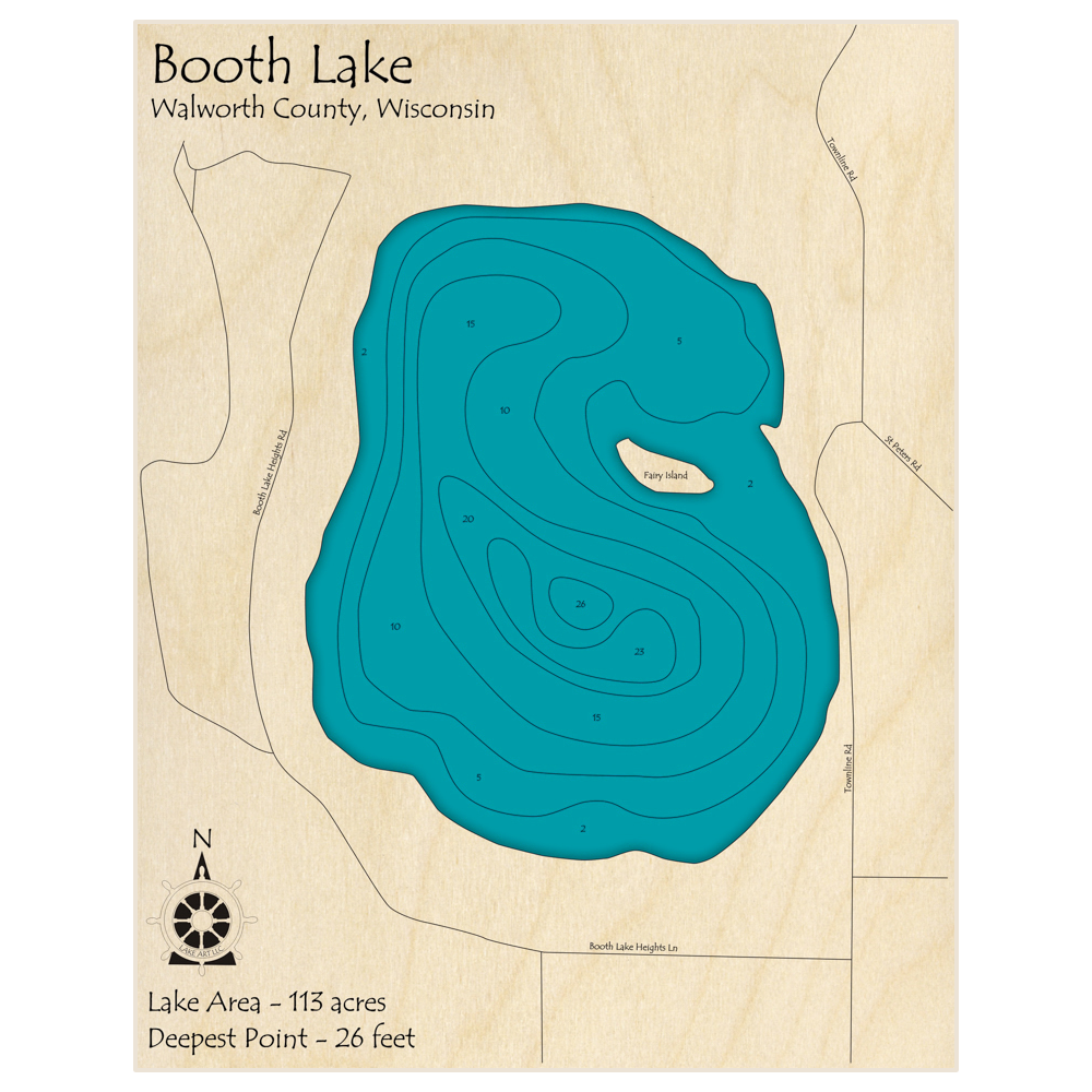 Bathymetric topo map of Booth Lake with roads, towns and depths noted in blue water