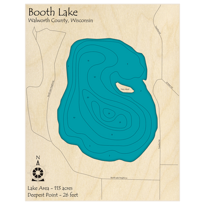 Bathymetric topo map of Booth Lake with roads, towns and depths noted in blue water