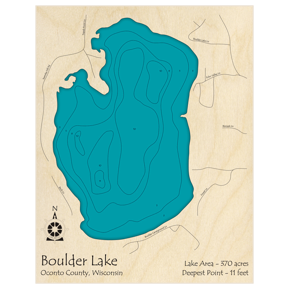 Bathymetric topo map of Boulder Lake with roads, towns and depths noted in blue water