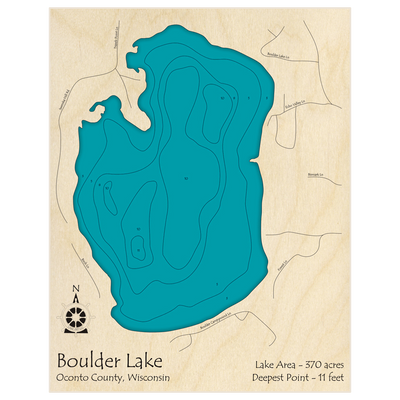 Bathymetric topo map of Boulder Lake with roads, towns and depths noted in blue water