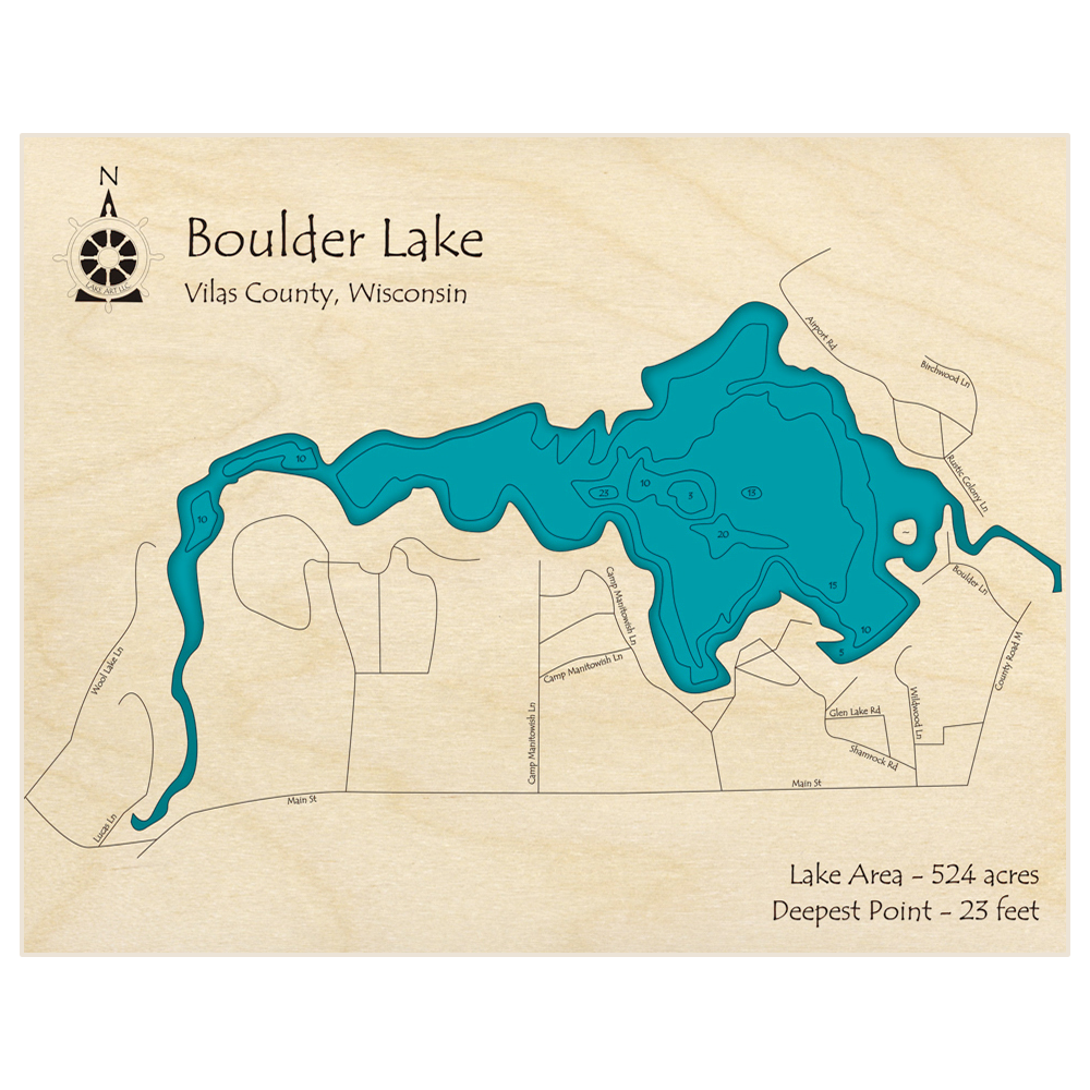 Bathymetric topo map of Boulder Lake with roads, towns and depths noted in blue water