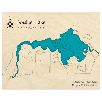 Bathymetric topo map of Boulder Lake with roads, towns and depths noted in blue water
