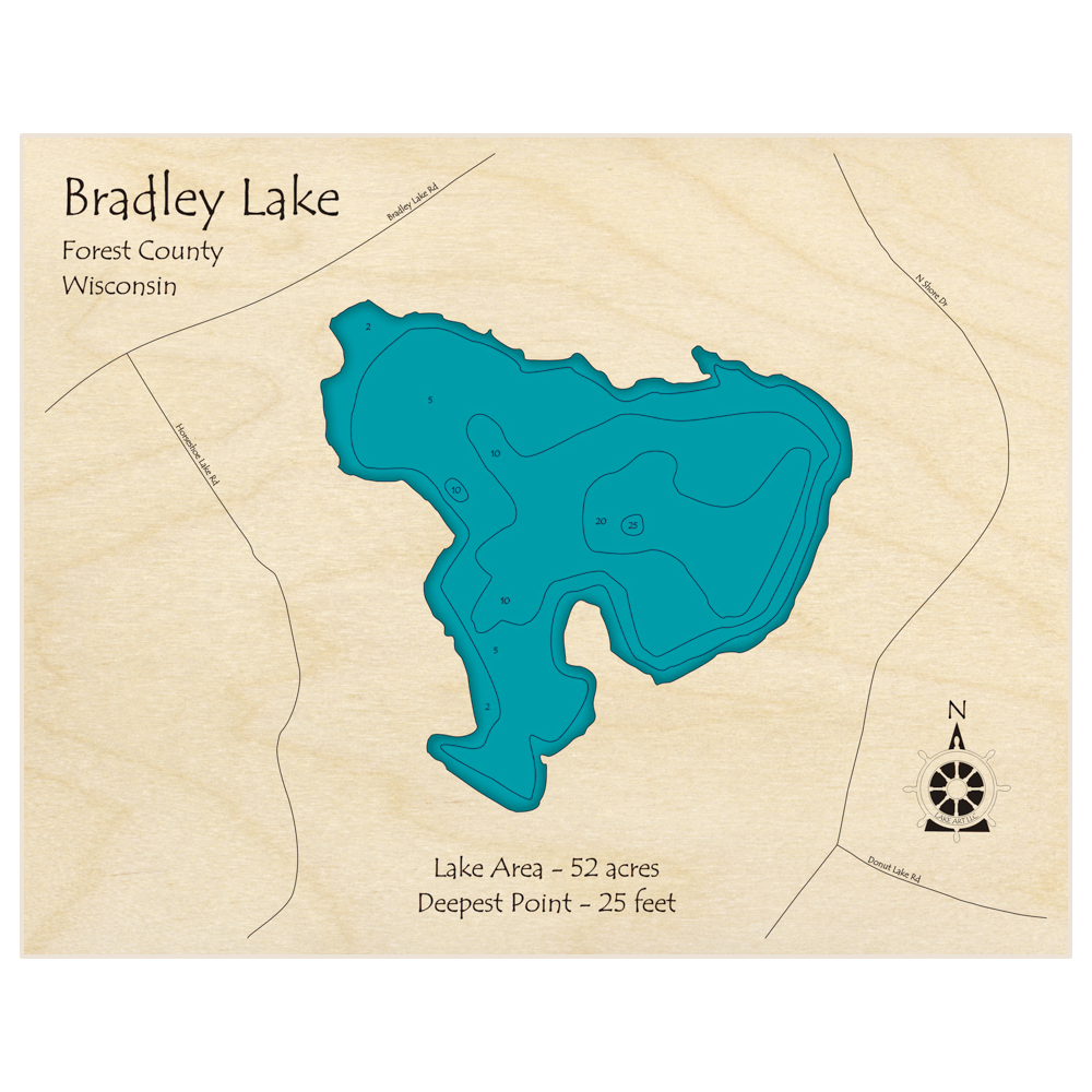 Bathymetric topo map of Bradley Lake with roads, towns and depths noted in blue water