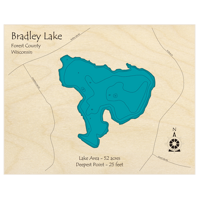 Bathymetric topo map of Bradley Lake with roads, towns and depths noted in blue water
