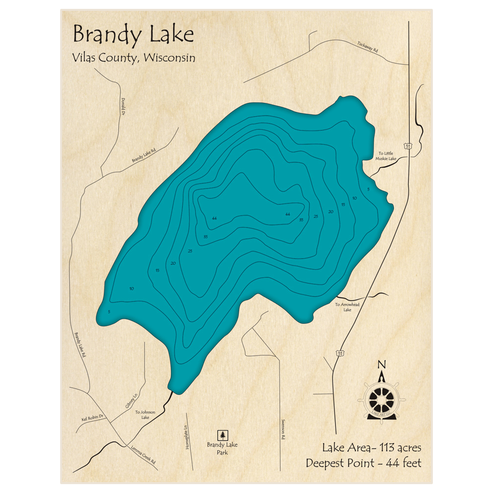 Bathymetric topo map of Brandy Lake with roads, towns and depths noted in blue water