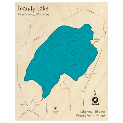 Bathymetric topo map of Brandy Lake with roads, towns and depths noted in blue water