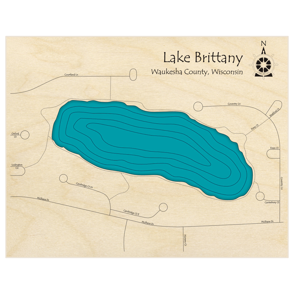 Bathymetric topo map of Lake Brittany  with roads, towns and depths noted in blue water