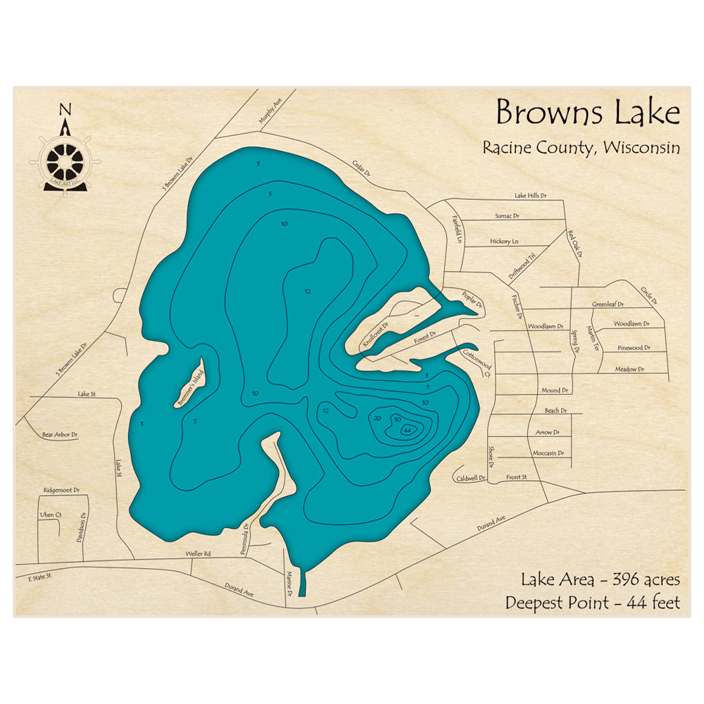 Bathymetric topo map of Browns Lake with roads, towns and depths noted in blue water