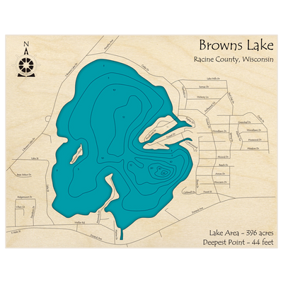 Bathymetric topo map of Browns Lake with roads, towns and depths noted in blue water