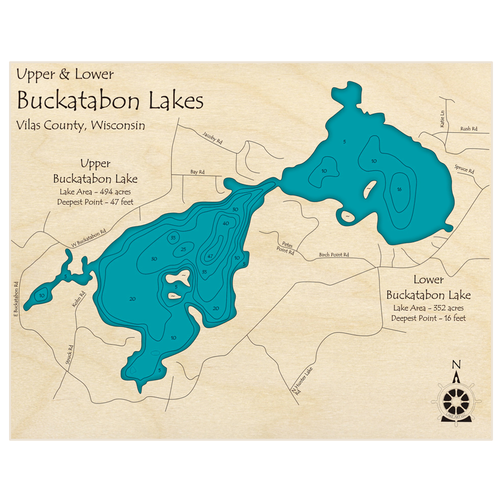 Bathymetric topo map of Upper and Lower Buckatabon Lakes with roads, towns and depths noted in blue water