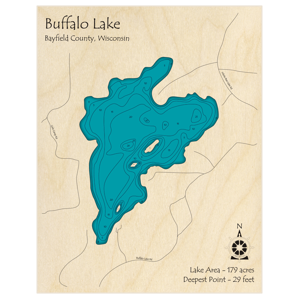 Bathymetric topo map of Buffalo Lake with roads, towns and depths noted in blue water