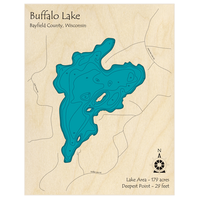 Bathymetric topo map of Buffalo Lake with roads, towns and depths noted in blue water