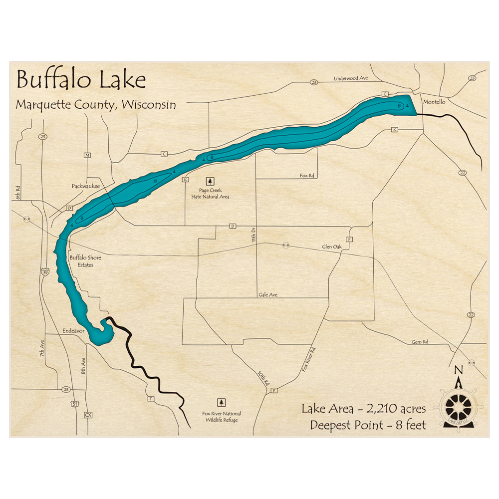 Bathymetric topo map of Buffalo Lake with roads, towns and depths noted in blue water