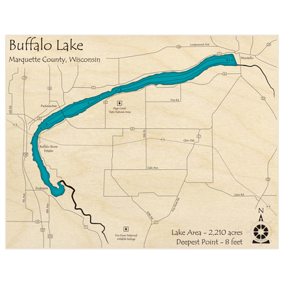 Bathymetric topo map of Buffalo Lake with roads, towns and depths noted in blue water