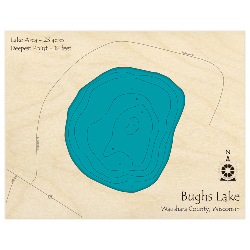 Bathymetric topo map of Bughs Lake with roads, towns and depths noted in blue water